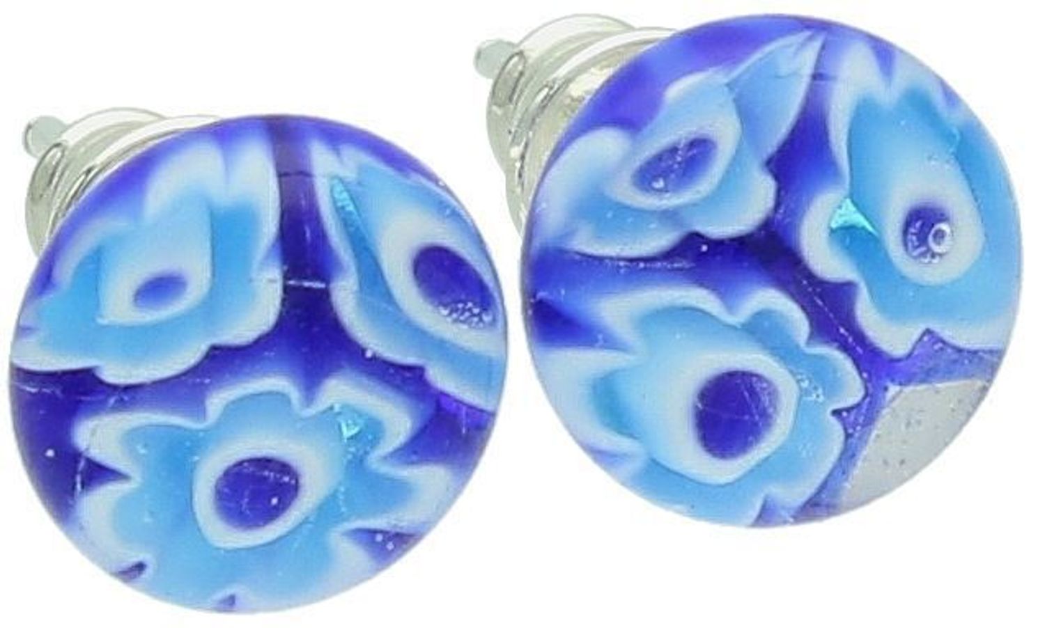 Kolczyki damskie srebrne 925 – Murano 57. Okrągłe, ręcznie robione szkło Murano z zatopionymi kwiatkami w odcieniach niebieskim i białym. Waga 2 g, wielkość 9 mm, zapięcie sztyft.1.jpg